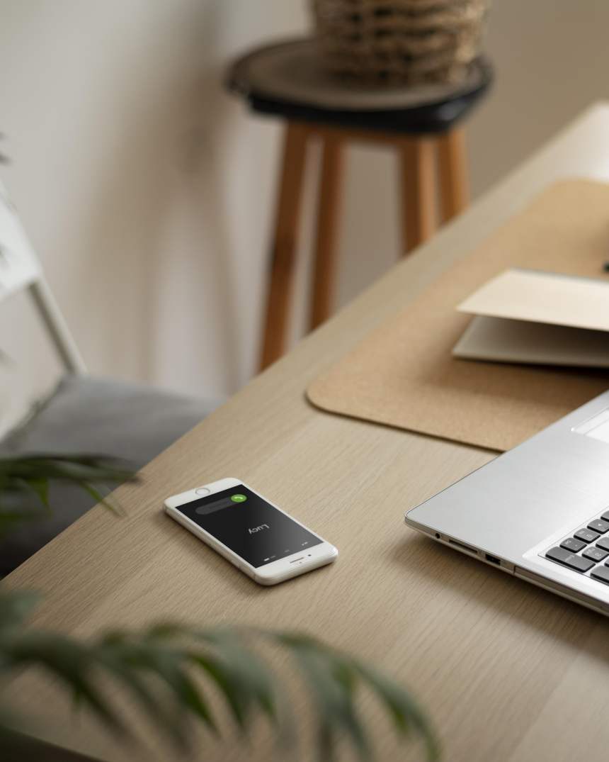 Mesa de atendimento com notebook, celular e documentos