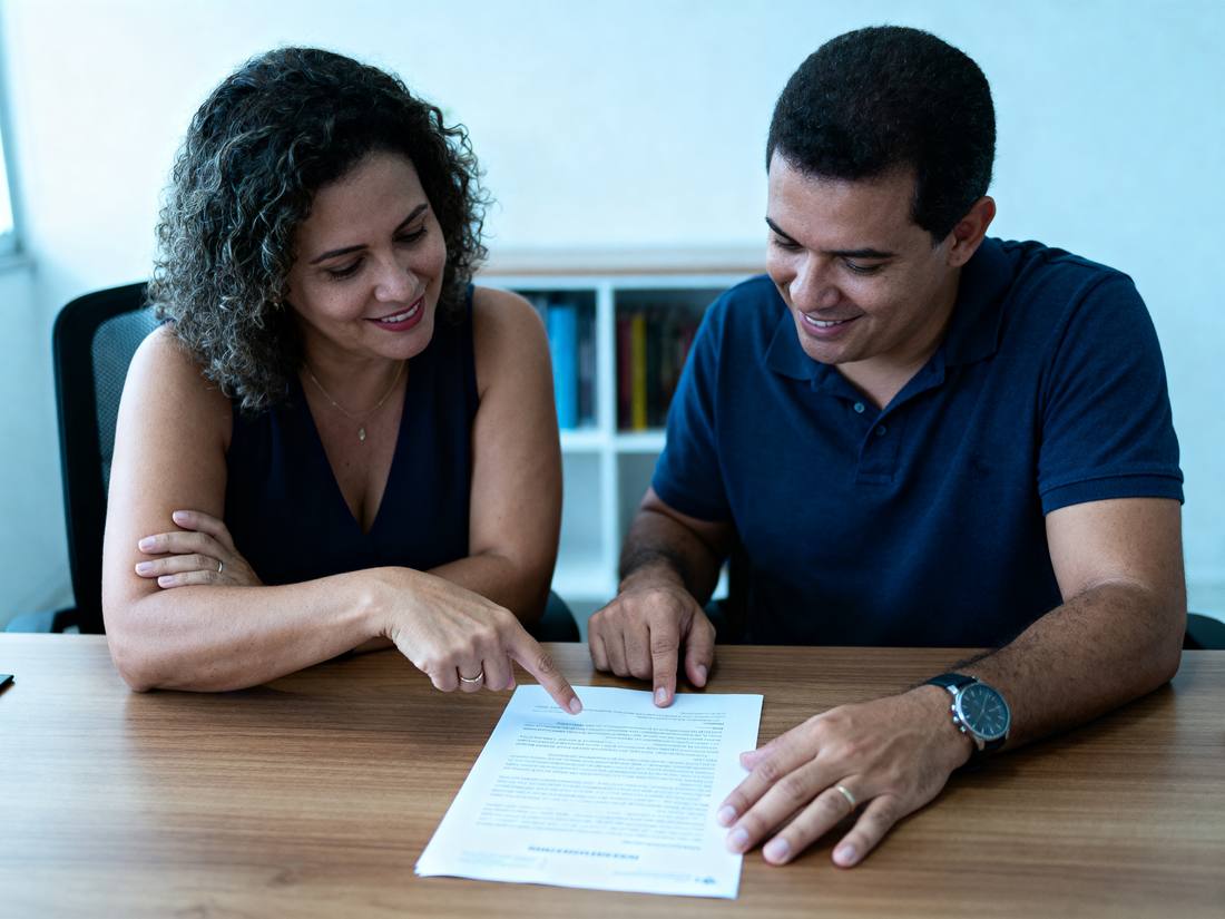 Duas pessoas revisando um documento em cartório